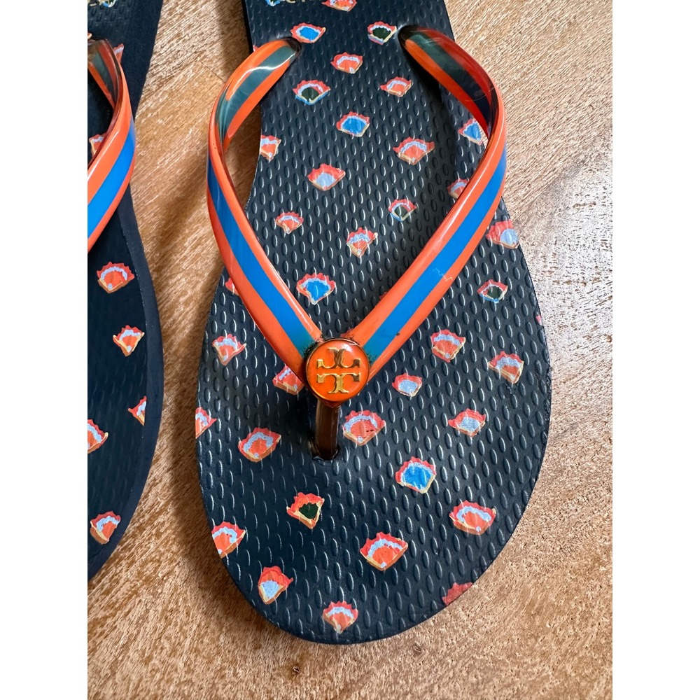 Tory Burch Flip Flops Women Orange Blue Pattern Logo Sandals Size - Picture 2 of 6